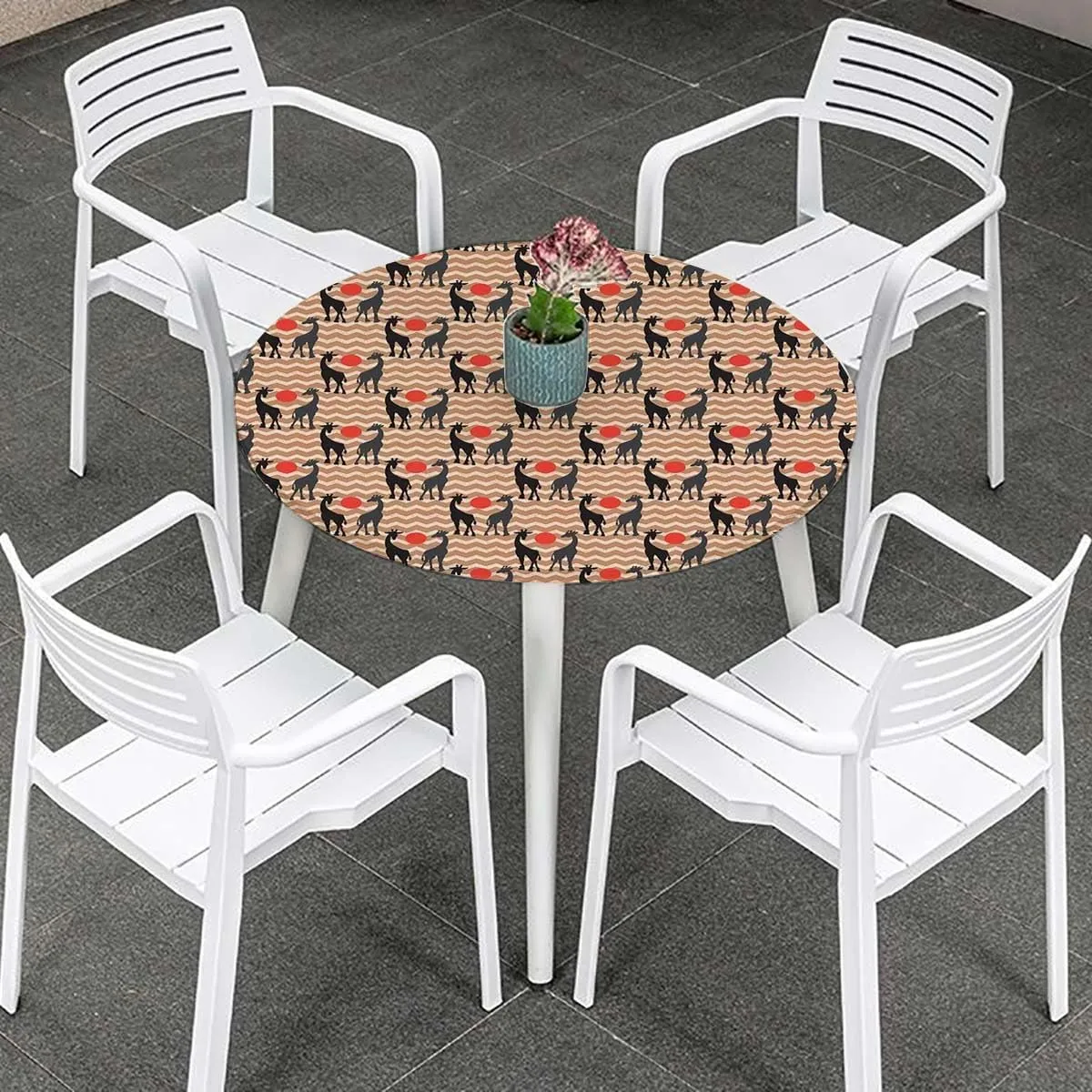 Multicolor Round Fitted Tablecloth Reindeer Caribou Herd Forest Leaves Trees Table Cloth Round Elastic Edge Fitted Table Cover Antler Fits up 45"-50" Diameter Tables