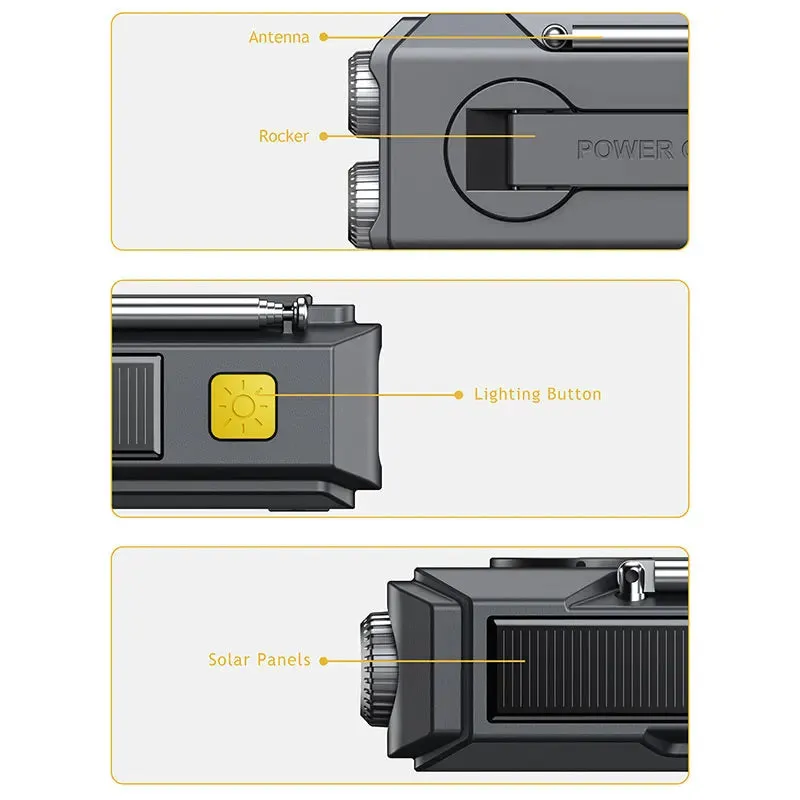Multifunctional Solar USB Charging Radio - FM, AM, WB Emergency with LED Flashlight & Power Bank (2000mAh)