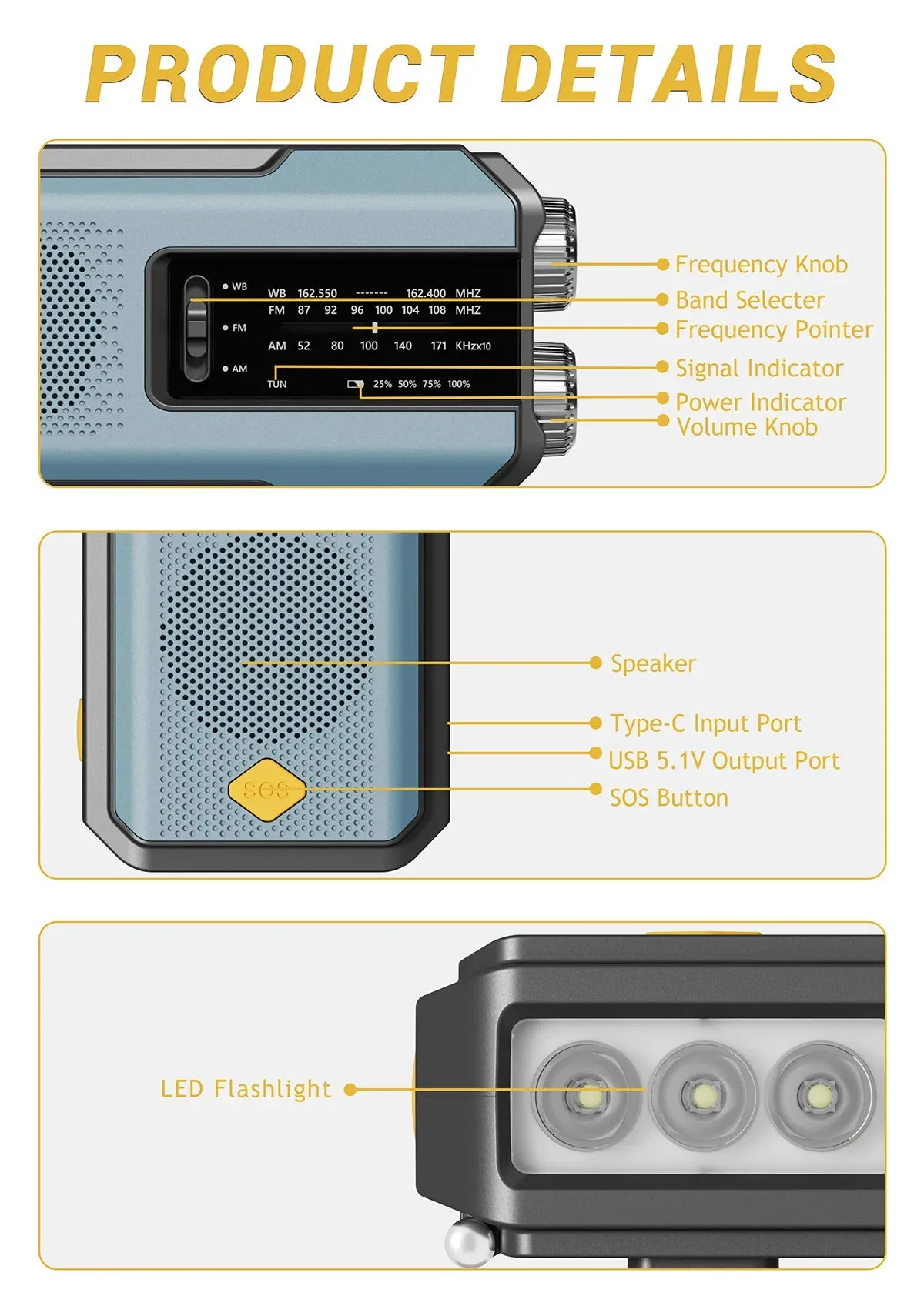 Multifunctional Solar USB Charging Radio - FM, AM, WB Emergency with LED Flashlight & Power Bank (2000mAh)