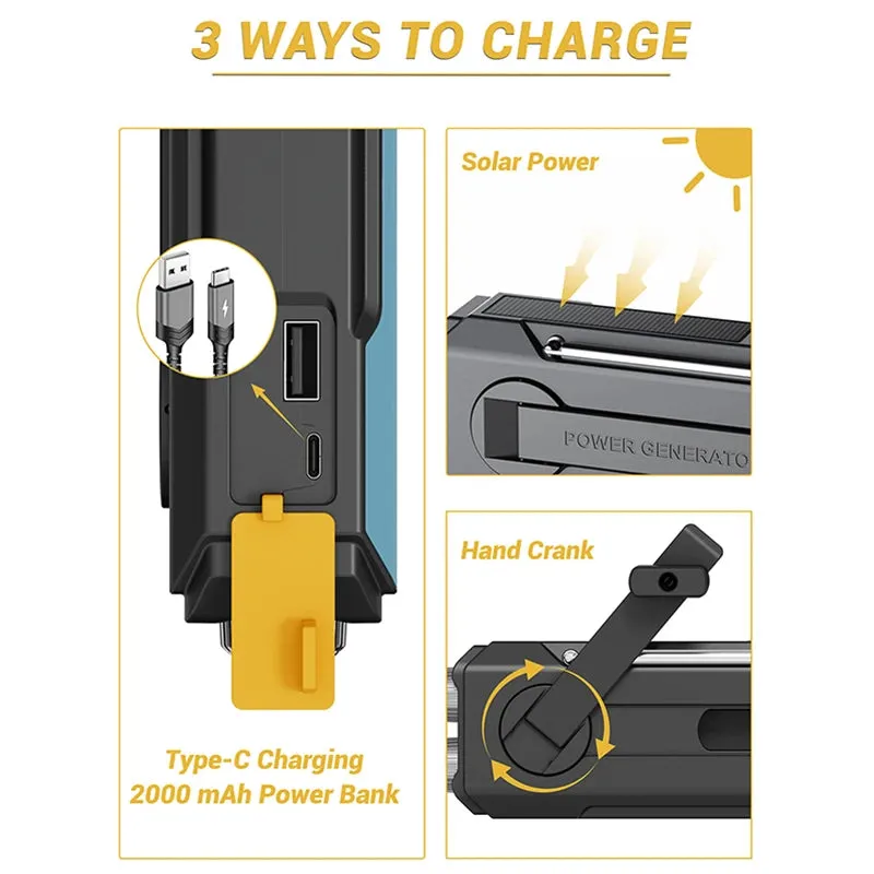 Multifunctional Solar USB Charging Radio - FM, AM, WB Emergency with LED Flashlight & Power Bank (2000mAh)