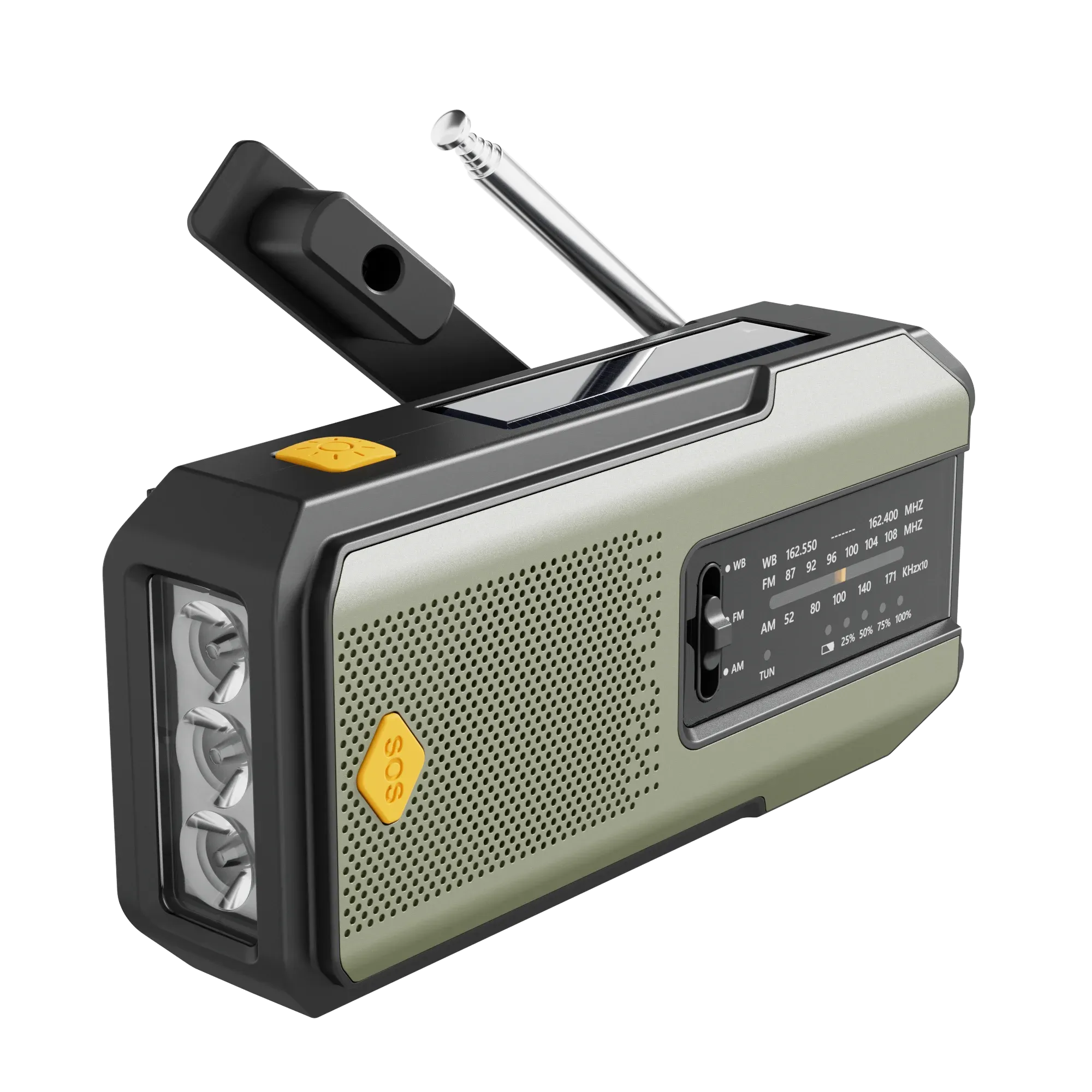 Multifunctional Solar USB Charging Radio - FM, AM, WB Emergency with LED Flashlight & Power Bank (2000mAh)