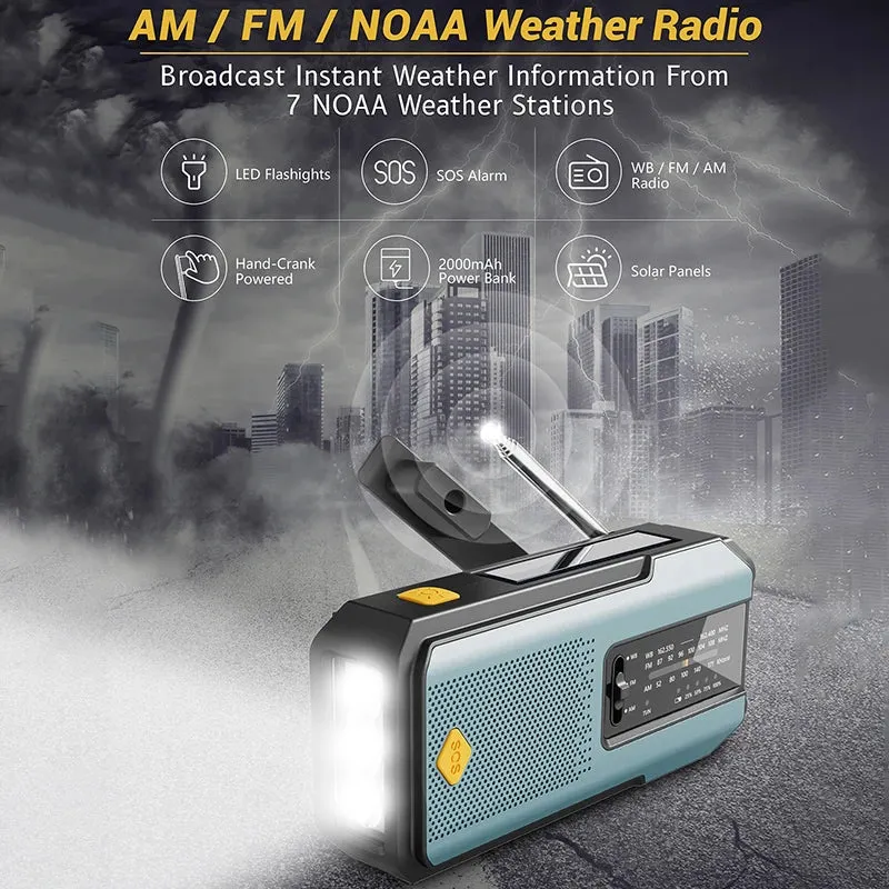 Multifunctional Solar USB Charging Radio - FM, AM, WB Emergency with LED Flashlight & Power Bank (2000mAh)
