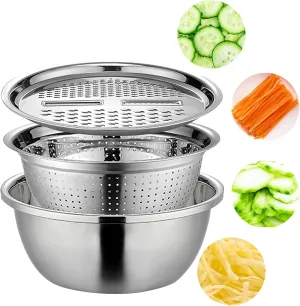 Multifunctional Stainless Steel Basin, Multifunction Stainless Steel Basin with Grater 3 in 1 Vegetable Cutter for Kitchen(11.02in)