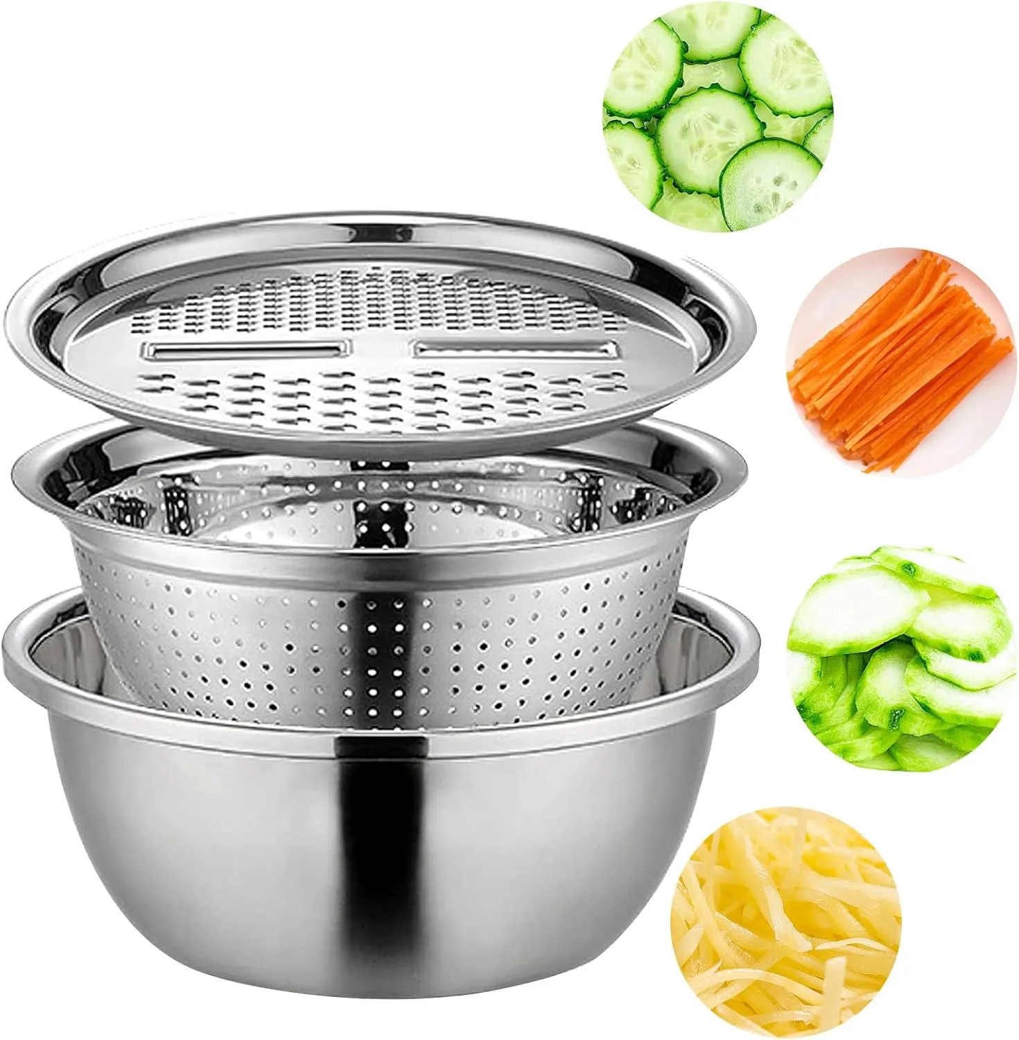Multifunctional Stainless Steel Basin, Multifunction Stainless Steel Basin with Grater 3 in 1 Vegetable Cutter for Kitchen(11.02in)