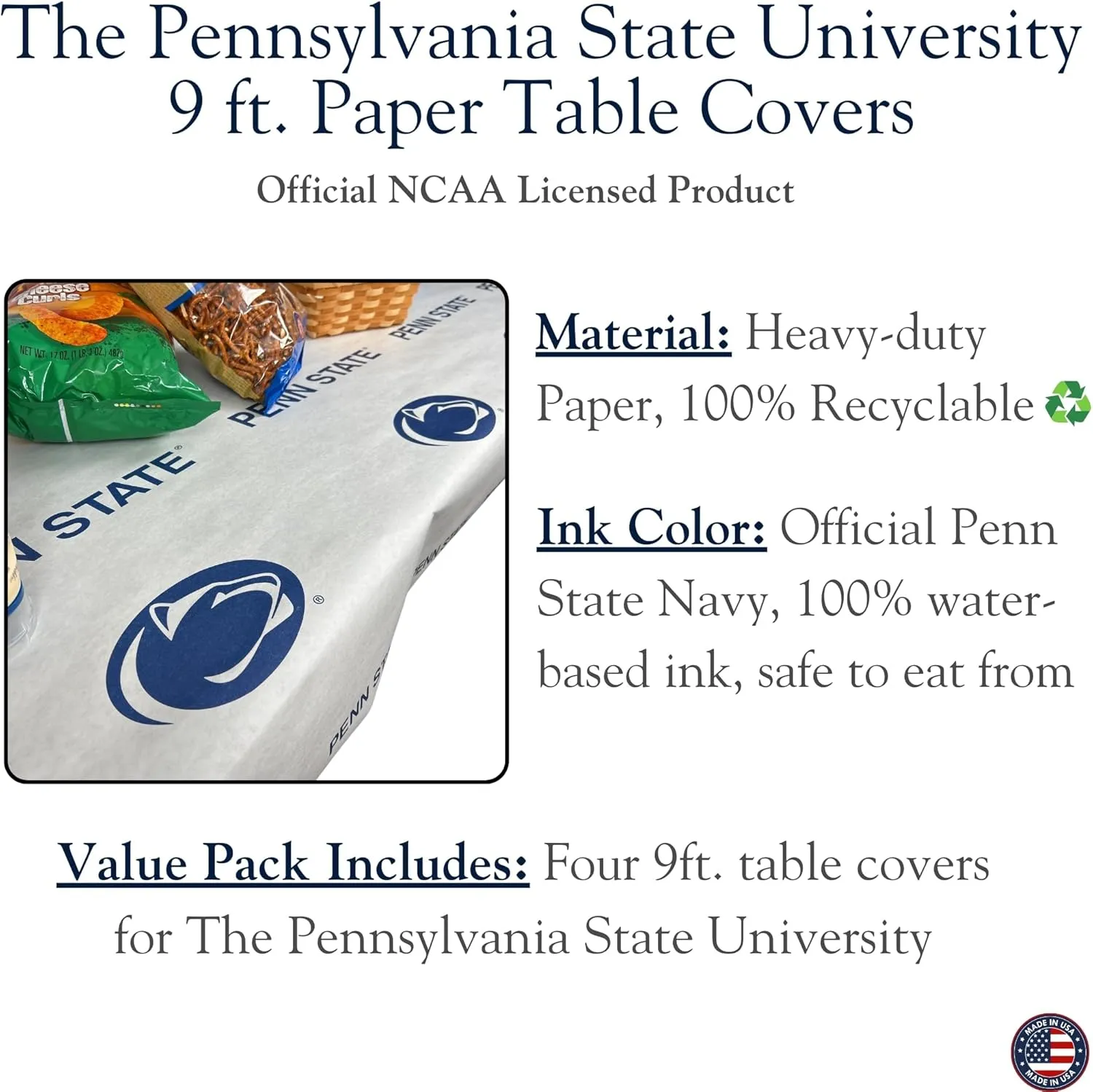 N. F. String & Son, Inc. NCAA The Penn State University Table Covers, Value Pack, 4 Table Covers, 40in. Wide x 9ft. Long, White Kraft Paper (Penn State Navy)