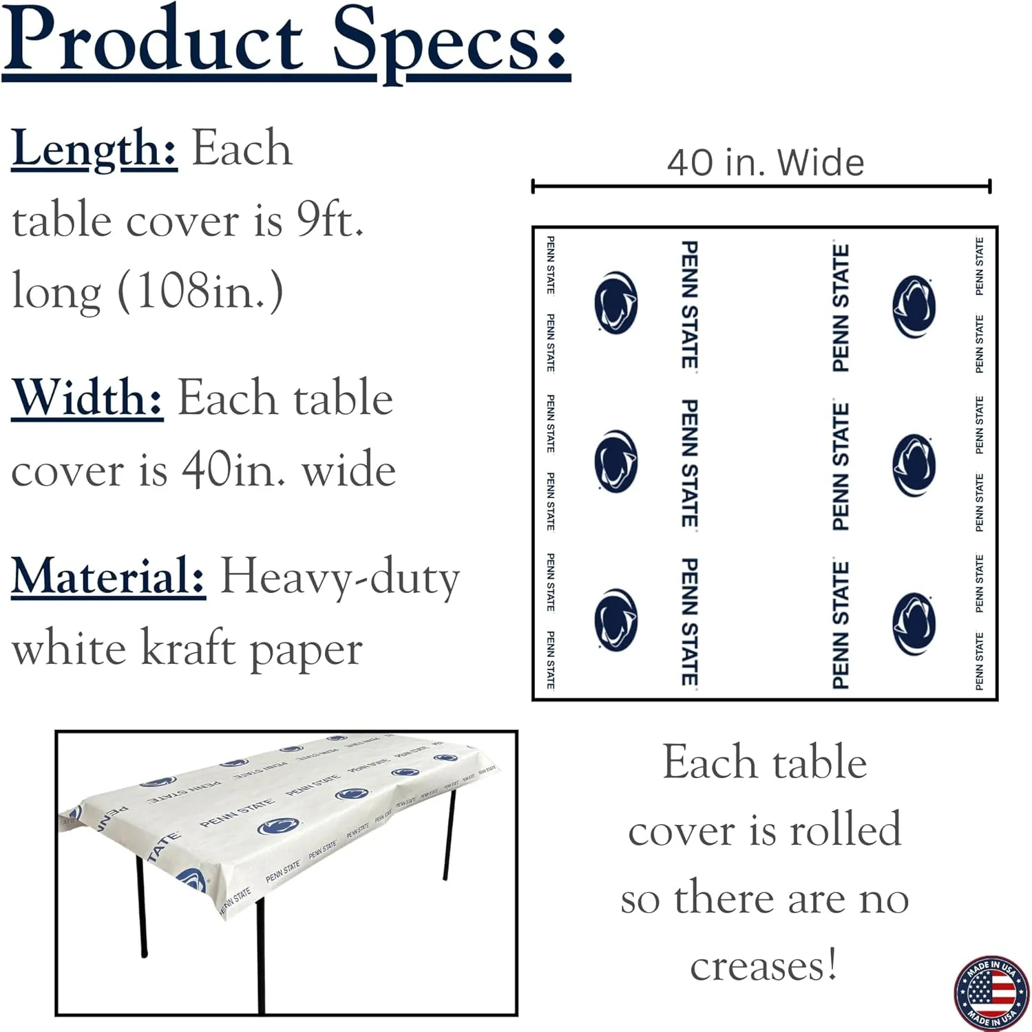 N. F. String & Son, Inc. NCAA The Penn State University Table Covers, Value Pack, 4 Table Covers, 40in. Wide x 9ft. Long, White Kraft Paper (Penn State Navy)