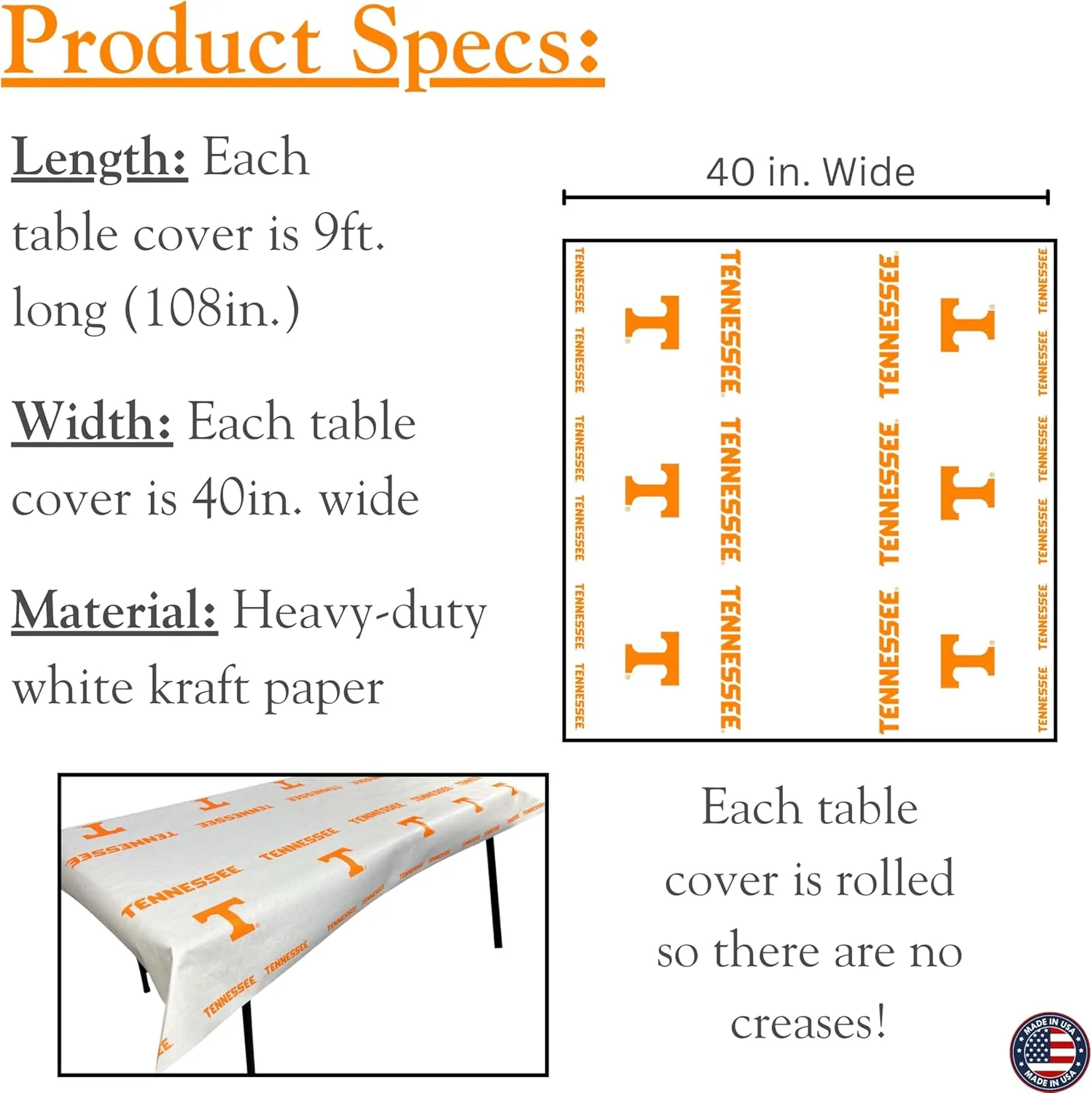 N. F. String & Son, Inc. NCAA University of Tennessee Paper Table Covers, Value Pack, 4 Table Covers, 40in. Wide x 9ft. Long, White Kraft Paper (Tennessee)