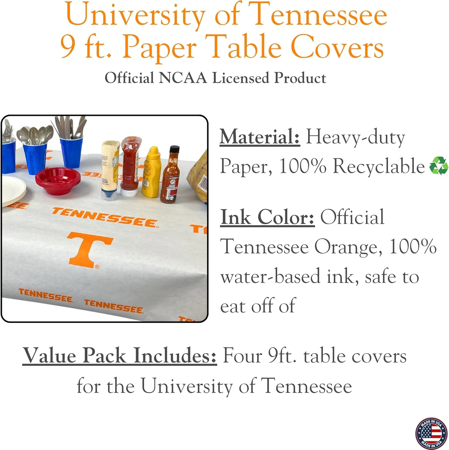 N. F. String & Son, Inc. NCAA University of Tennessee Paper Table Covers, Value Pack, 4 Table Covers, 40in. Wide x 9ft. Long, White Kraft Paper (Tennessee)