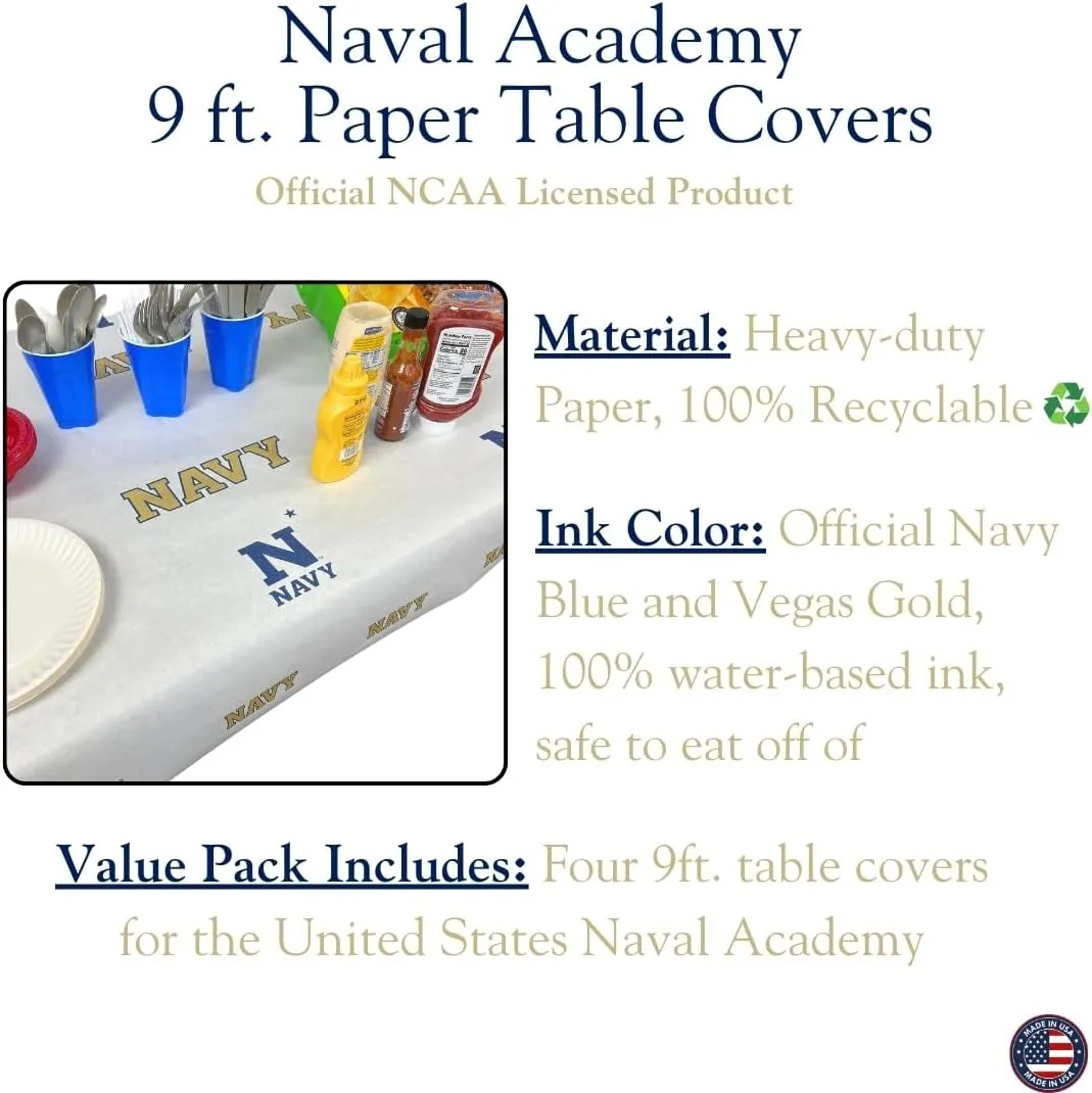 N. F. String & Son, Inc. United States Naval Academy Paper Table Covers, Value Pack, 4 Table Covers, 40in. Wide x 9ft. Long, White Kraft Paper (Navy)
