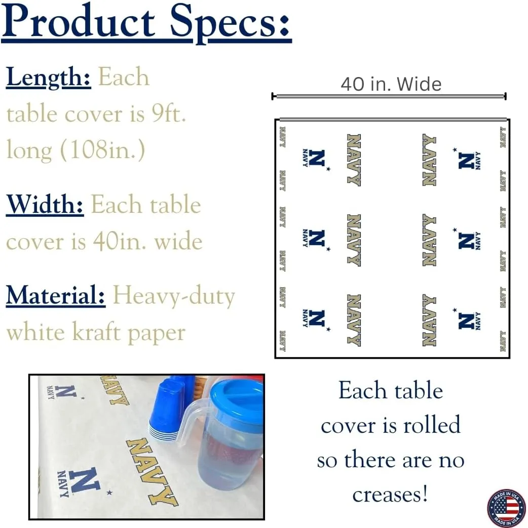N. F. String & Son, Inc. United States Naval Academy Paper Table Covers, Value Pack, 4 Table Covers, 40in. Wide x 9ft. Long, White Kraft Paper (Navy)