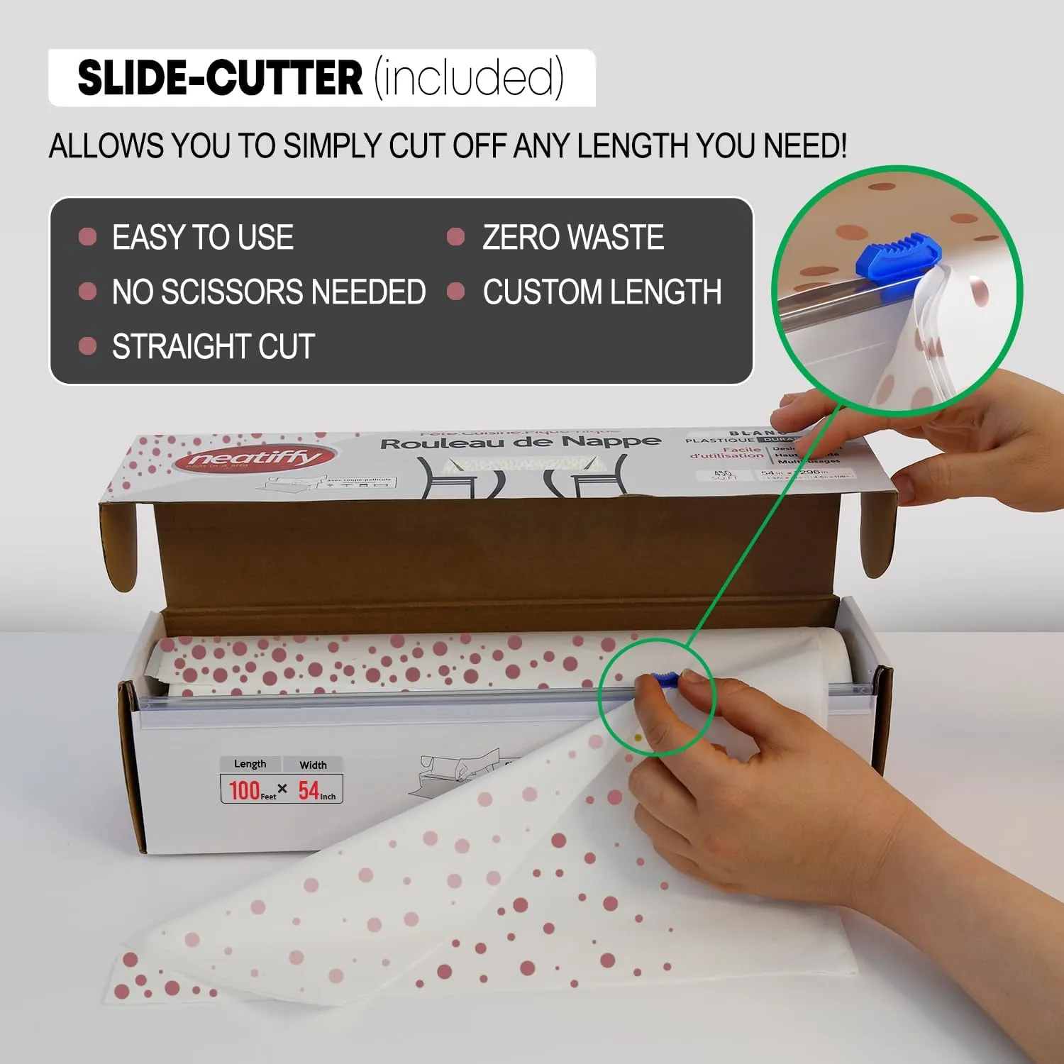 Neatiffy Disposable Plastic Table Cloth Roll with Slide Cutter | Waterproof Cover for Rectangle, Square, Oval Tables | Picnic, Party, Banquet, Birthdays, Weddings - White Rosegold Dots