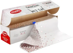 Neatiffy Disposable Plastic Table Cloth Roll with Slide Cutter | Waterproof Cover for Rectangle, Square, Oval Tables | Picnic, Party, Banquet, Birthdays, Weddings - White Rosegold Dots