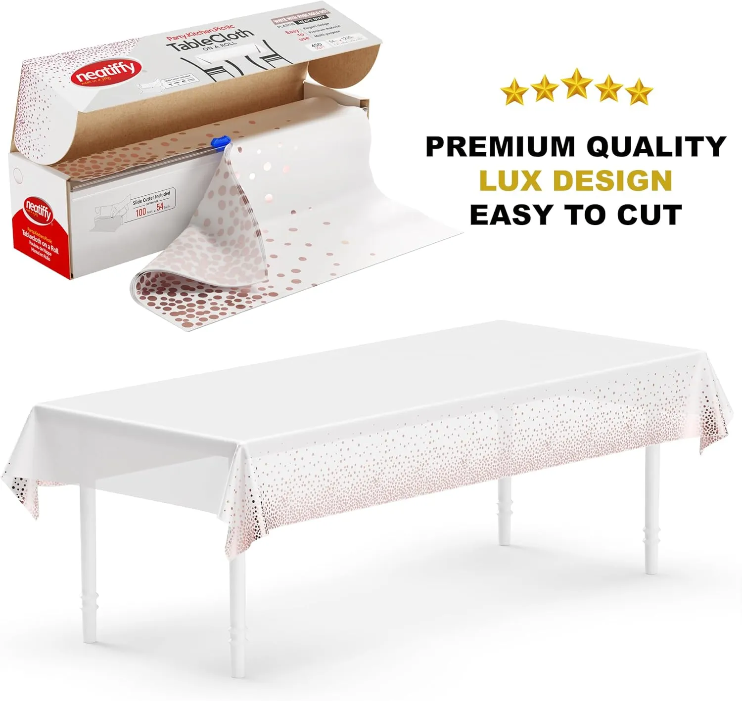 Neatiffy Disposable Plastic Table Cloth Roll with Slide Cutter | Waterproof Cover for Rectangle, Square, Oval Tables | Picnic, Party, Banquet, Birthdays, Weddings - White Rosegold Dots