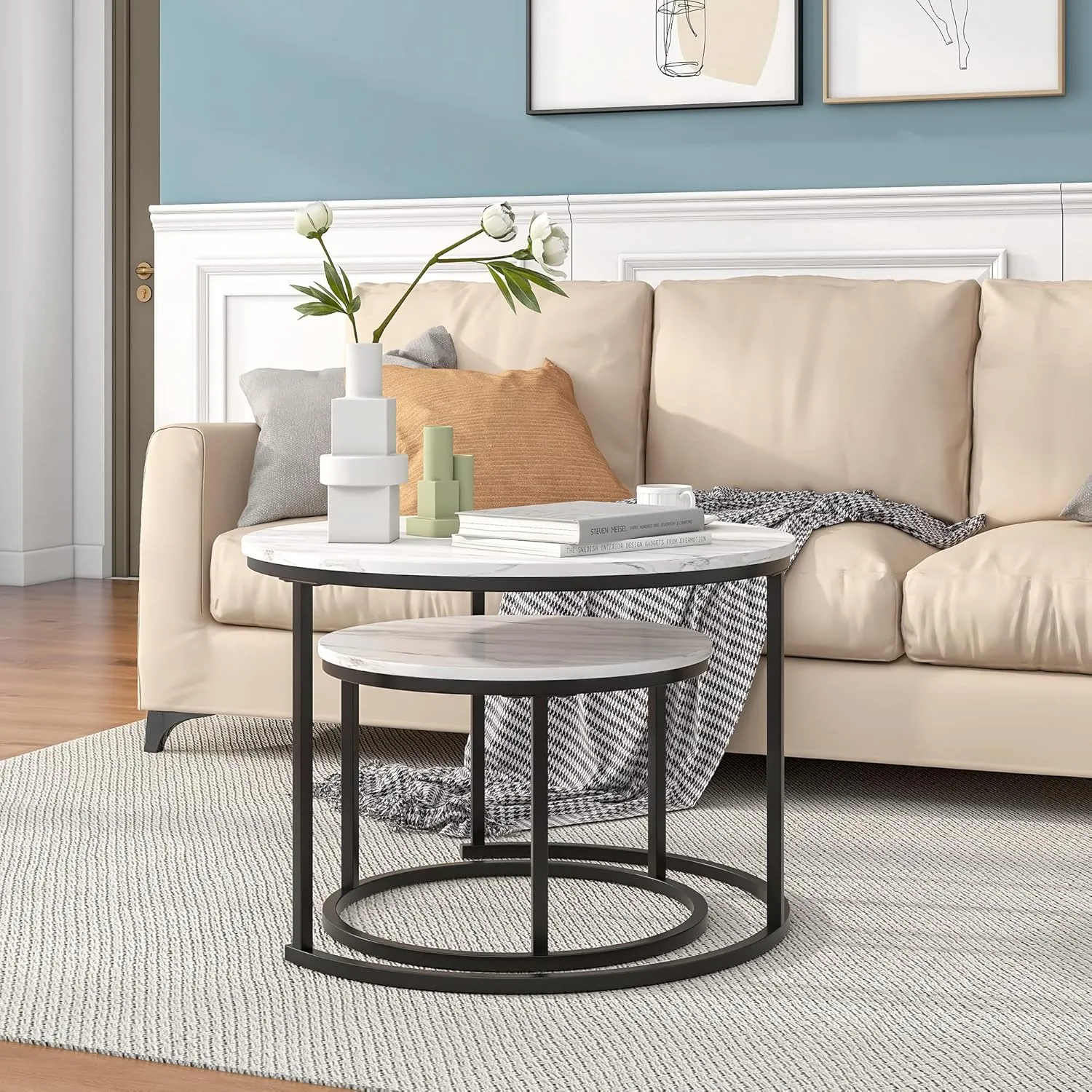 Nesting Round Coffee Table Set of 2 End Tables for Living Room,Circular and Marble Coffee Table Wooden Accent Furniture with Metal Frame,Stacking Side Tables,Black