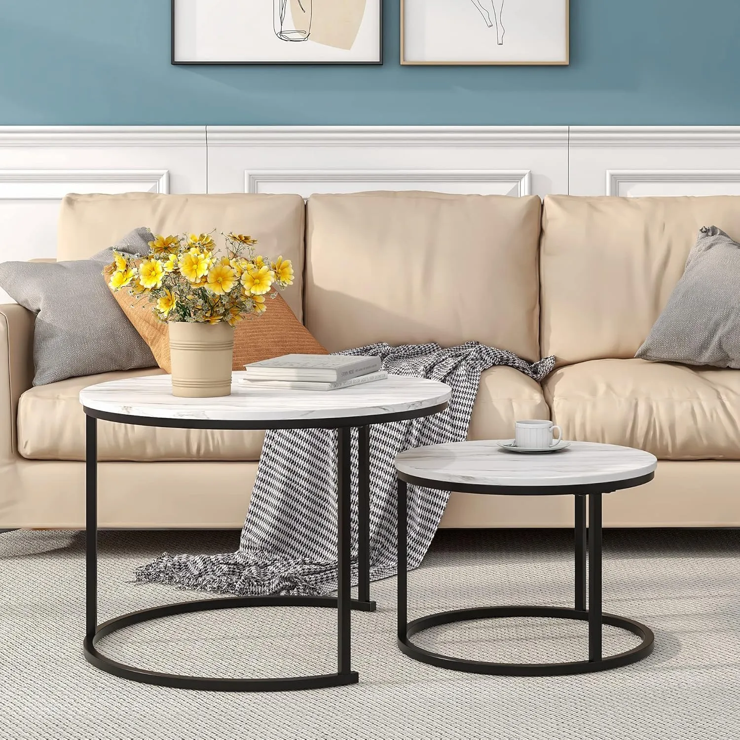 Nesting Round Coffee Table Set of 2 End Tables for Living Room,Circular and Marble Coffee Table Wooden Accent Furniture with Metal Frame,Stacking Side Tables,Black