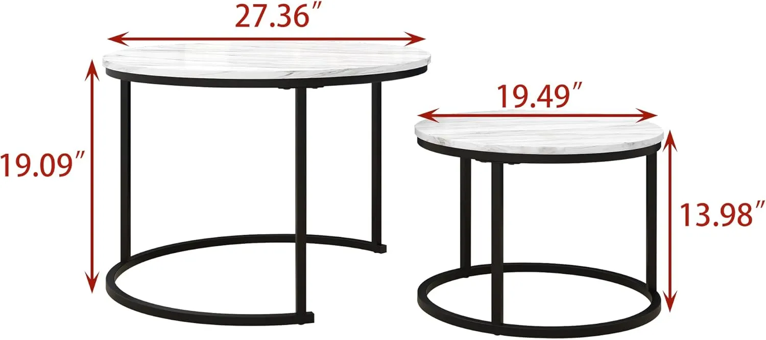 Nesting Round Coffee Table Set of 2 End Tables for Living Room,Circular and Marble Coffee Table Wooden Accent Furniture with Metal Frame,Stacking Side Tables,Black