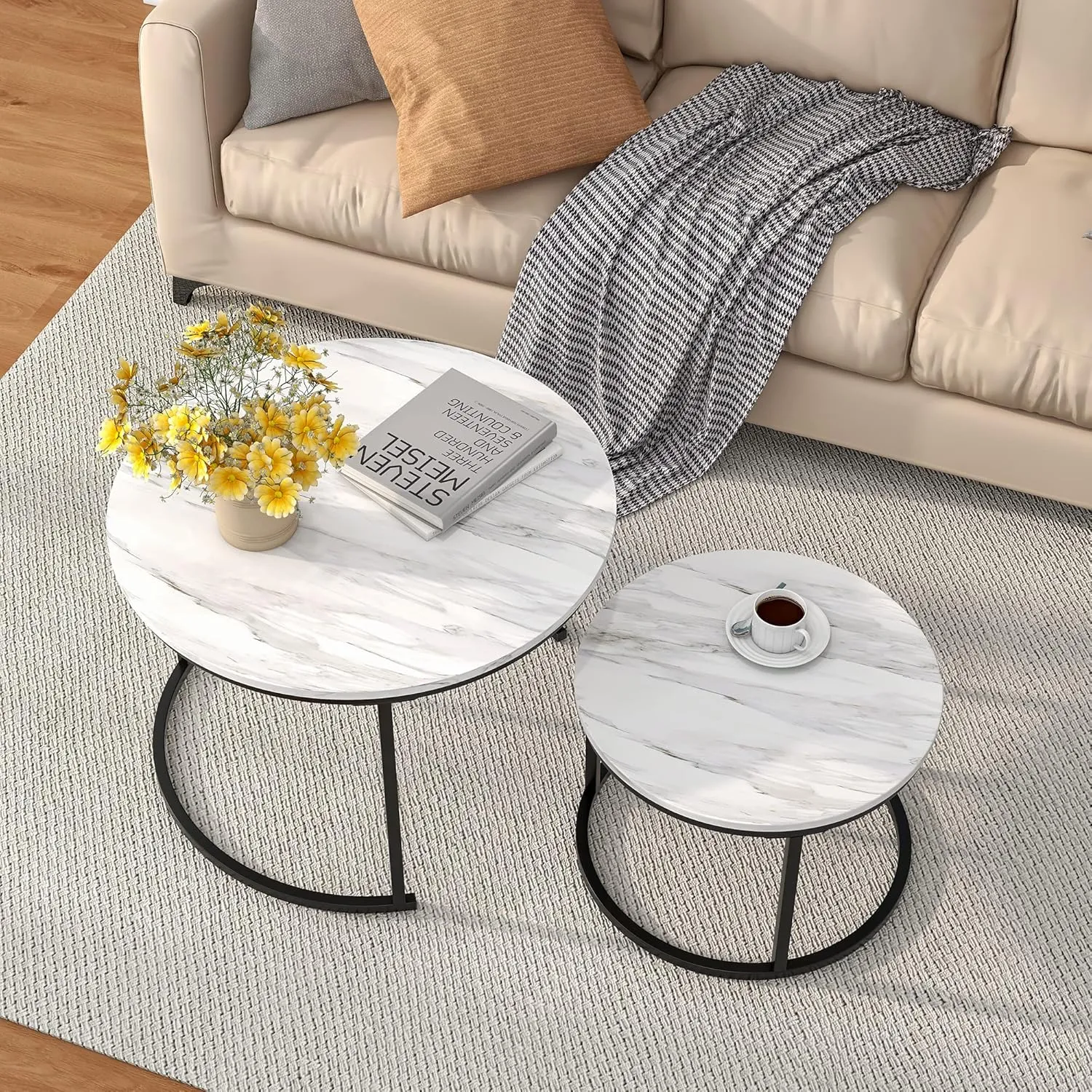 Nesting Round Coffee Table Set of 2 End Tables for Living Room,Circular and Marble Coffee Table Wooden Accent Furniture with Metal Frame,Stacking Side Tables,Black