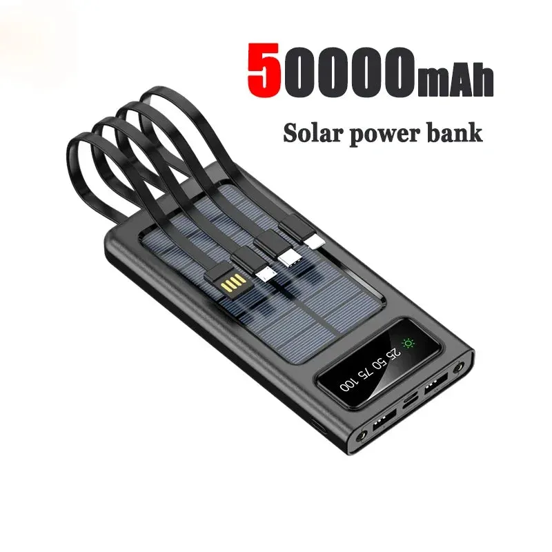 New Solar Power Bank 200000mAh Solar Battery Large Capacity Two-way Fast Charging Built-in Cable Power Bank External Battery