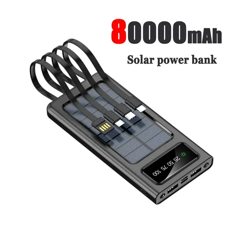 New Solar Power Bank 200000mAh Solar Battery Large Capacity Two-way Fast Charging Built-in Cable Power Bank External Battery