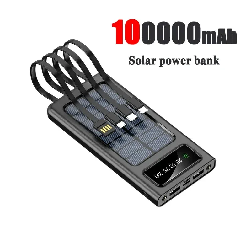 New Solar Power Bank 200000mAh Solar Battery Large Capacity Two-way Fast Charging Built-in Cable Power Bank External Battery