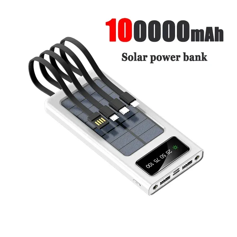 New Solar Power Bank 200000mAh Solar Battery Large Capacity Two-way Fast Charging Built-in Cable Power Bank External Battery