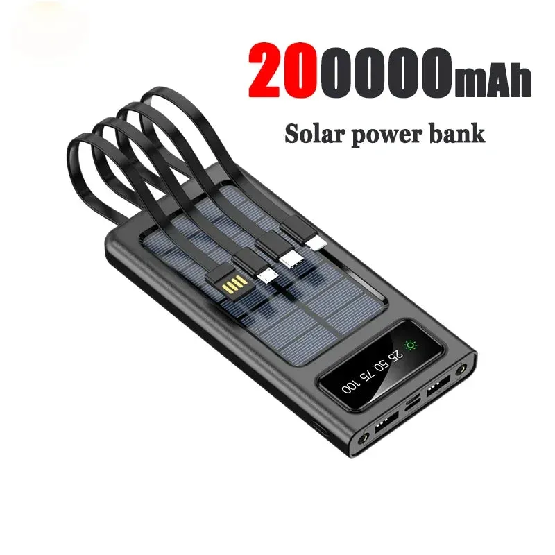New Solar Power Bank 200000mAh Solar Battery Large Capacity Two-way Fast Charging Built-in Cable Power Bank External Battery