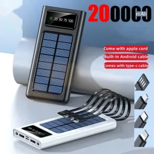 New Solar Power Bank 200000mAh Solar Battery Large Capacity Two-way Fast Charging Built-in Cable Power Bank External Battery