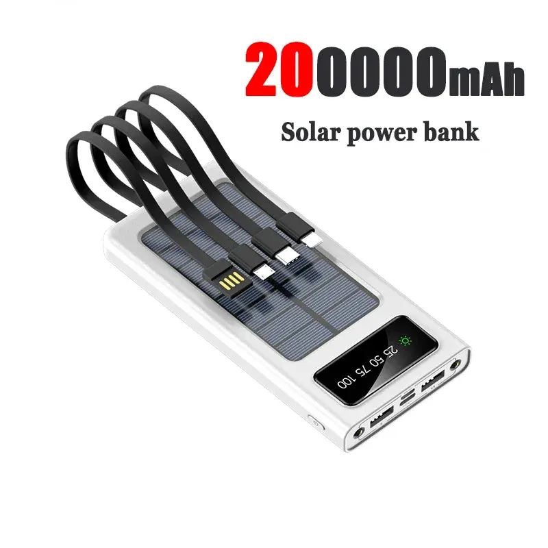 New Solar Power Bank 200000mAh Solar Battery Large Capacity Two-way Fast Charging Built-in Cable Power Bank External Battery