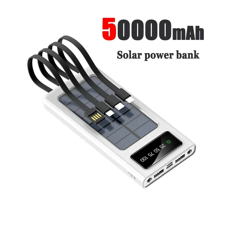 New Solar Power Bank 200000mAh Solar Battery Large Capacity Two-way Fast Charging Built-in Cable Power Bank External Battery
