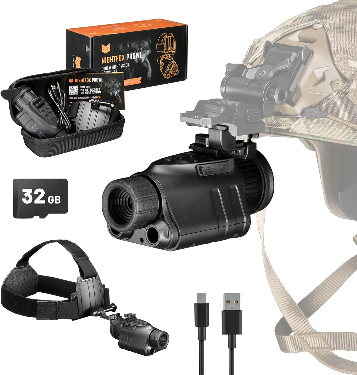 Night Vision Monocular - Nightfox Prowl Night Vision Goggles, Head or Helmet Mounted, 1x Magnification NVG, 1080p Video Recording, Stealth Infrared 940nm IR, Tactical Digital NODs for Airsoft, Hunting