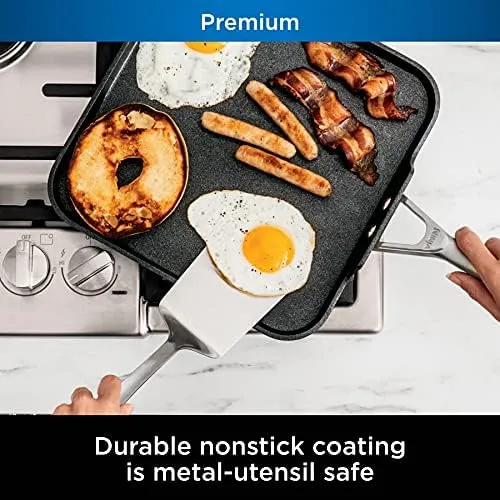 Ninja C30628 Foodi NeverStick Premium 11-Inch Square Griddle Pan, Hard-Anodized, Nonstick, Durable & Oven Safe to 500°F, Slate Grey