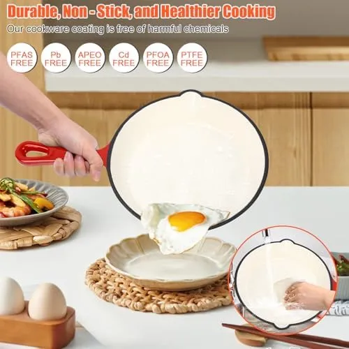 Nonstick Enameled Cast Iron Cookware Set, 8-Pcs Pots and Pans with Lid, Skillet, Frying Pan, Saucepan & Dutch Oven for All Stovetops, PFA Free - Ideal for Sourdough Bread Baking - Comes with Organizer