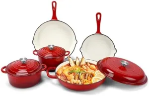 Nonstick Enameled Cast Iron Cookware Set, 8-Pcs Pots and Pans with Lid, Skillet, Frying Pan, Saucepan & Dutch Oven for All Stovetops, PFA Free - Ideal for Sourdough Bread Baking - Comes with Organizer