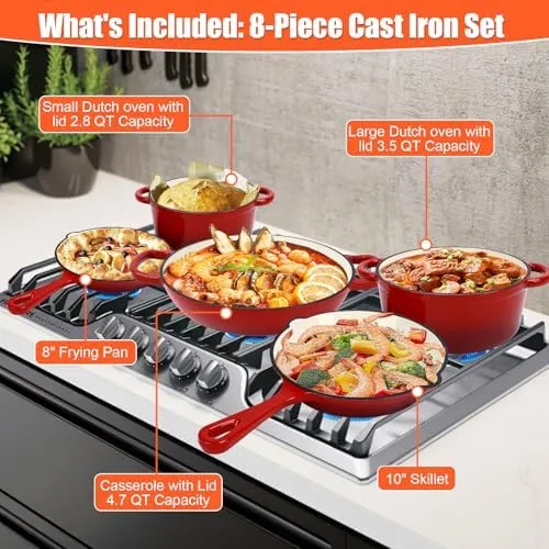 Nonstick Enameled Cast Iron Cookware Set, 8-Pcs Pots and Pans with Lid, Skillet, Frying Pan, Saucepan & Dutch Oven for All Stovetops, PFA Free - Ideal for Sourdough Bread Baking - Comes with Organizer