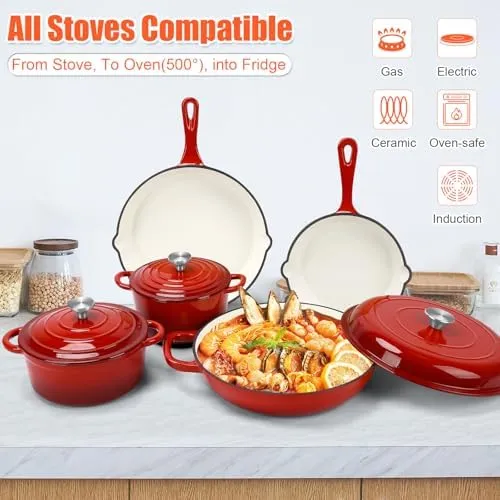 Nonstick Enameled Cast Iron Cookware Set, 8-Pcs Pots and Pans with Lid, Skillet, Frying Pan, Saucepan & Dutch Oven for All Stovetops, PFA Free - Ideal for Sourdough Bread Baking - Comes with Organizer