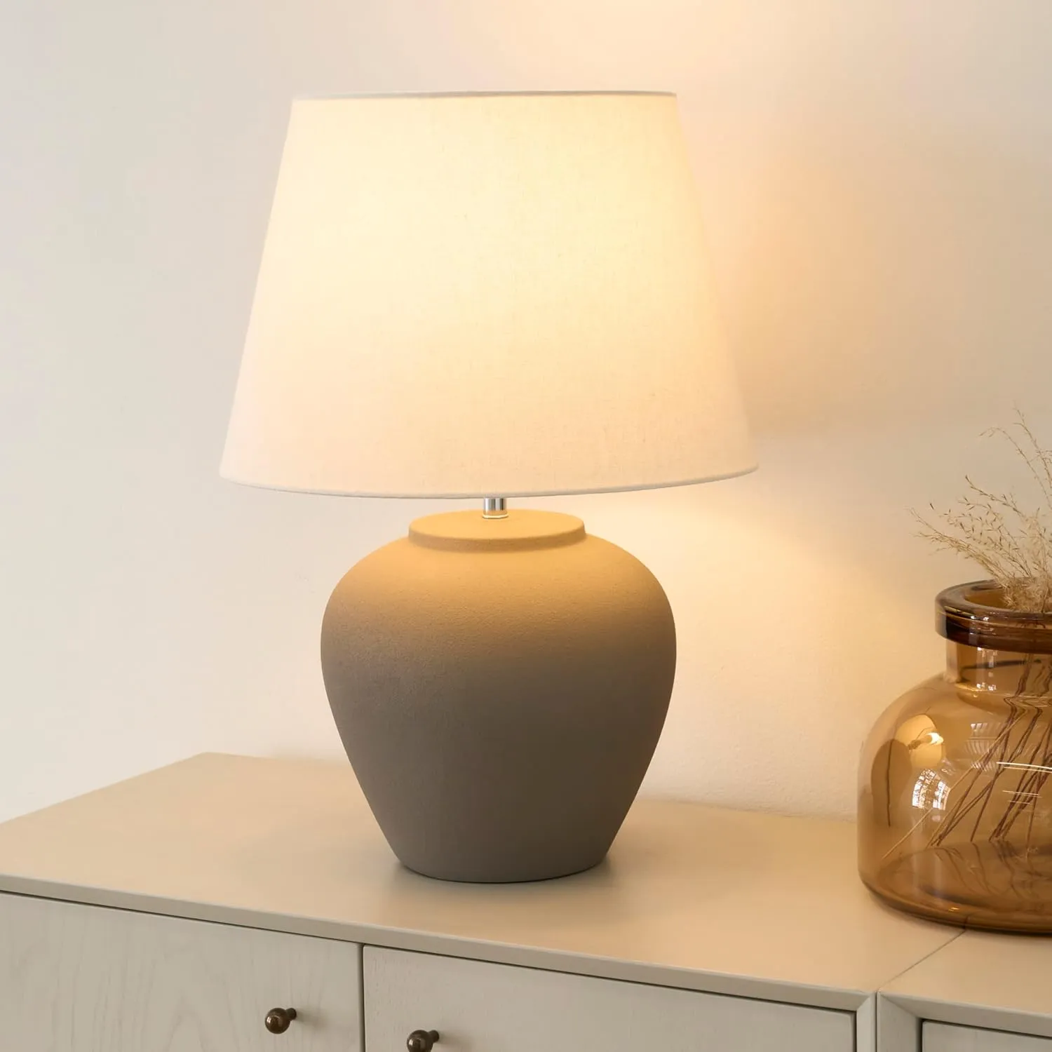 Nourison 20" Brown Ceramic Pot Table Lamp for Bedroom, Living Room, Console, Entryway