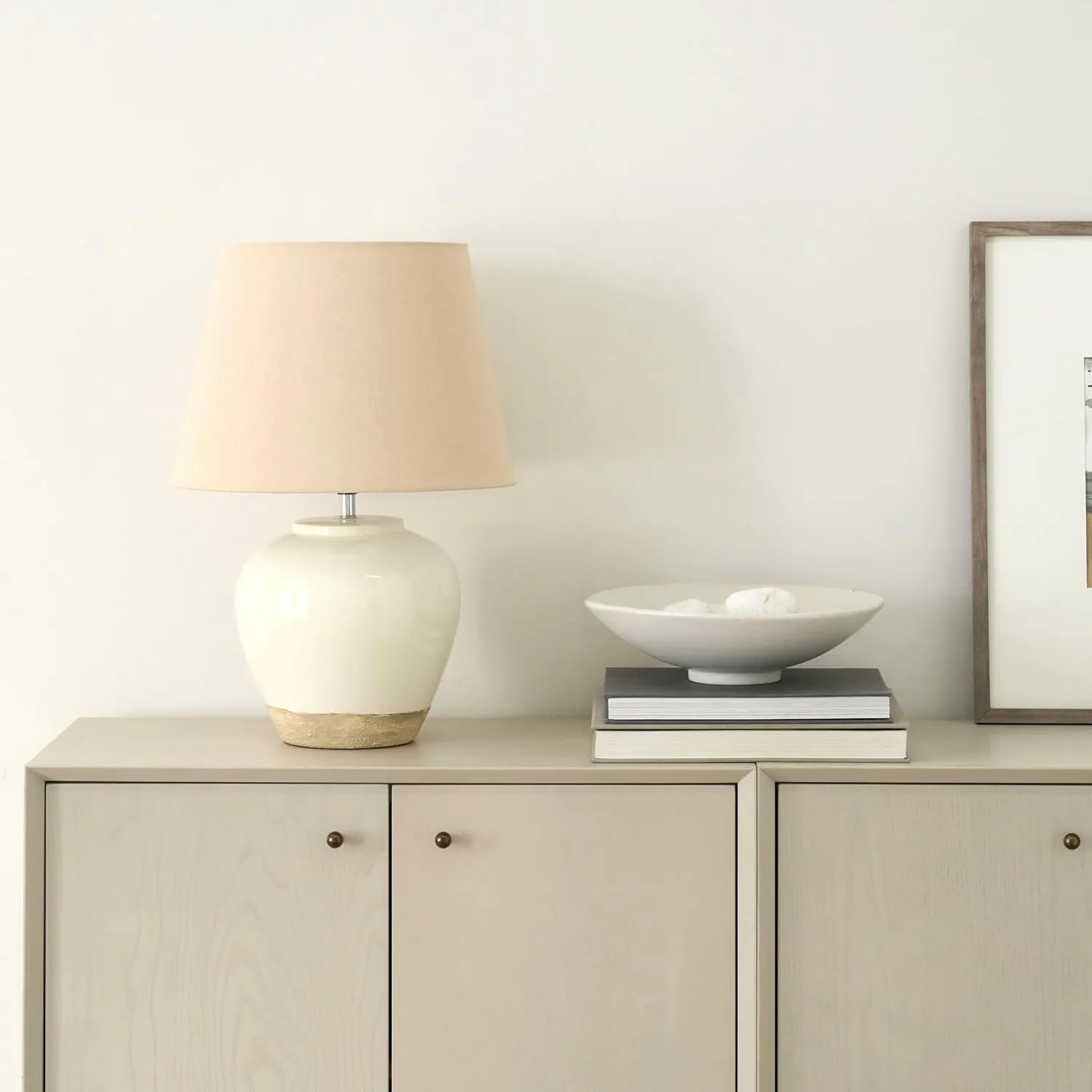 Nourison 20" White/Sand Farmhouse Ceramic Pot Table Lamp for Bedroom, Living Room, Console, Entryway