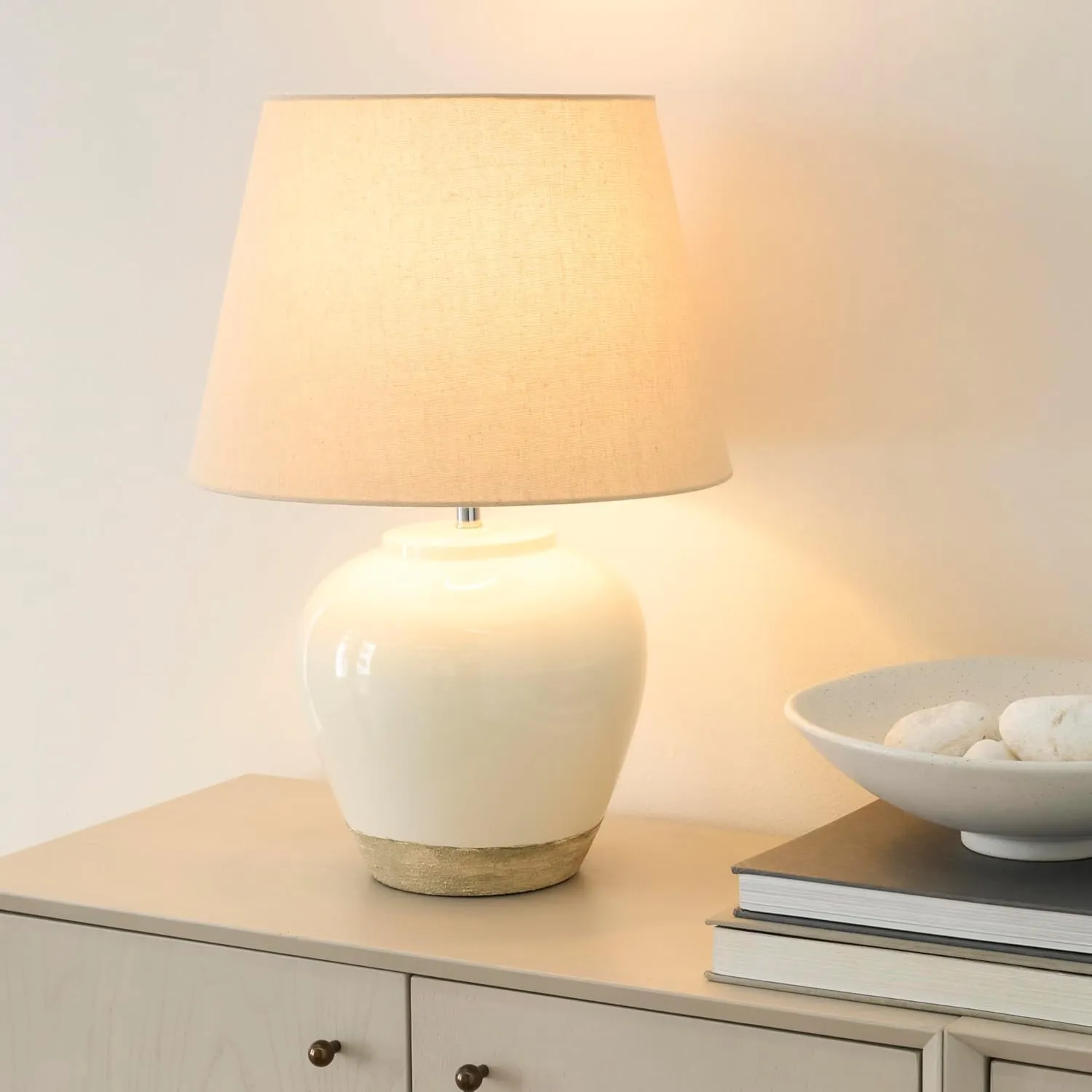 Nourison 20" White/Sand Farmhouse Ceramic Pot Table Lamp for Bedroom, Living Room, Console, Entryway