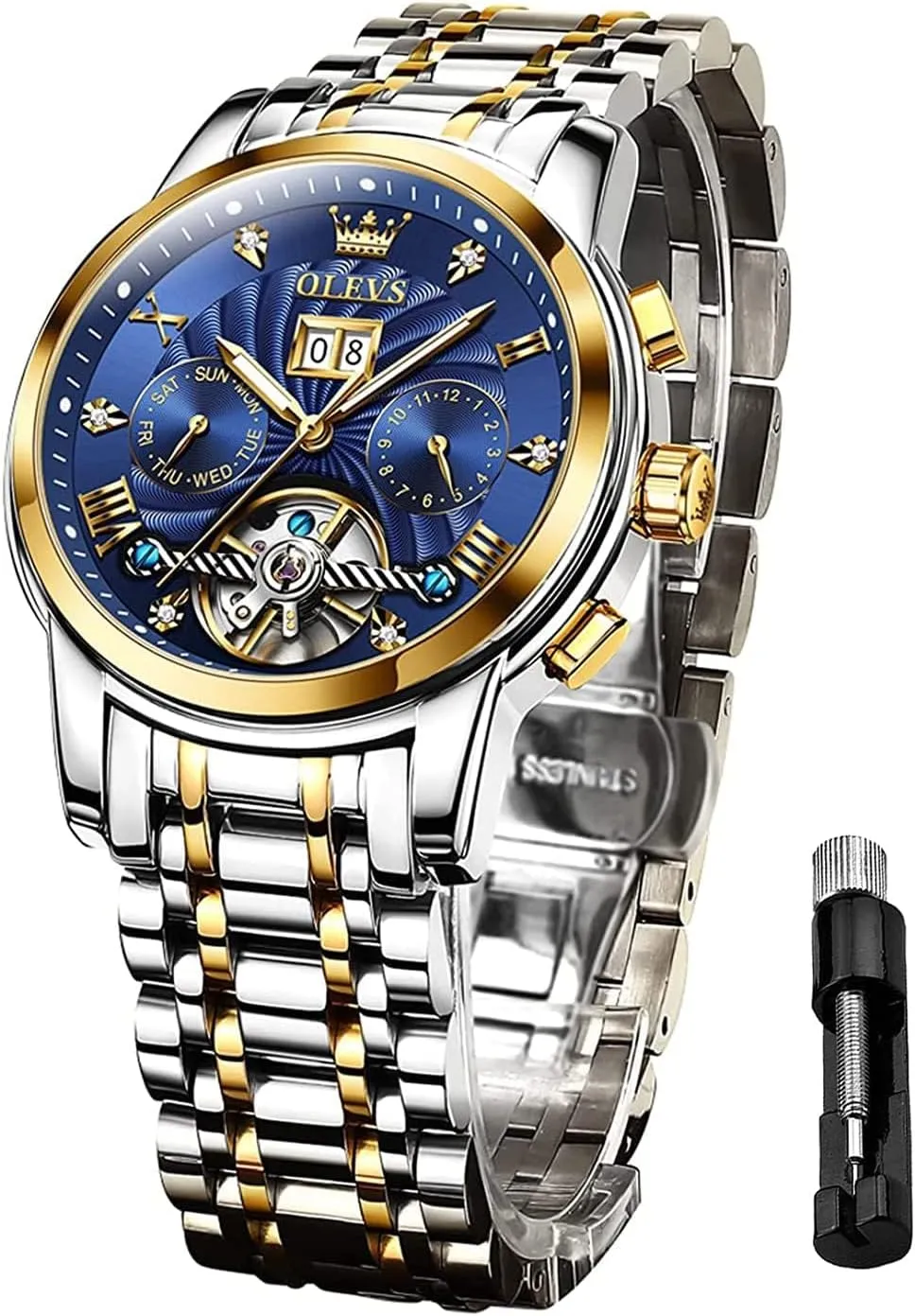 OLEVS Men Automatic Watch Mechanical Self Winding Watches for Men Skeleton Business Dress Luminous Waterproof Diamond Week Month