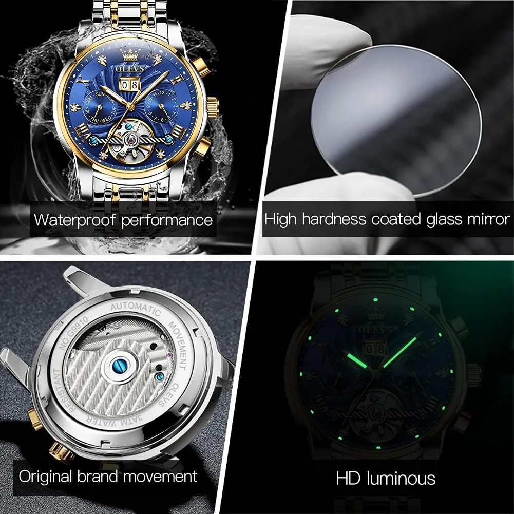 OLEVS Men Automatic Watch Mechanical Self Winding Watches for Men Skeleton Business Dress Luminous Waterproof Diamond Week Month