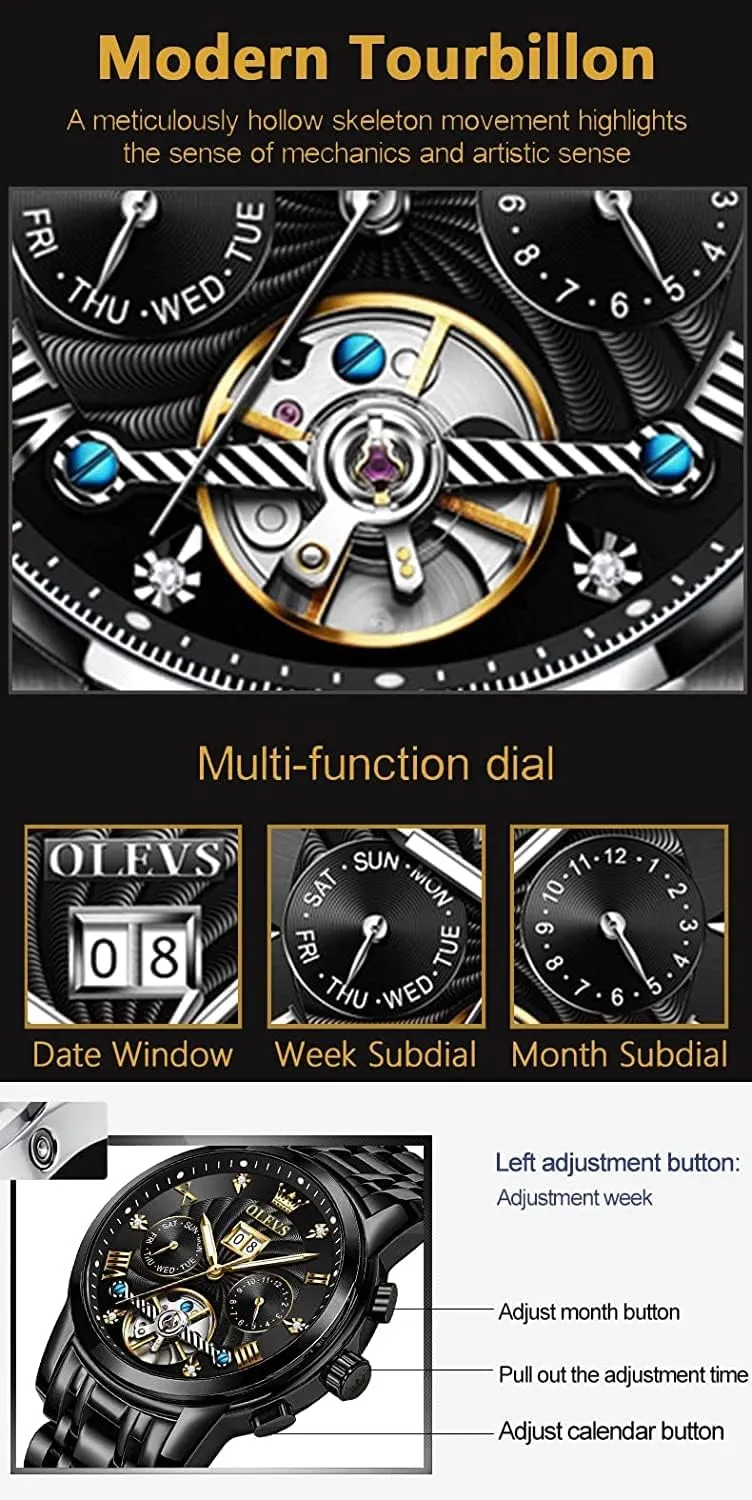 OLEVS Men Automatic Watch Mechanical Self Winding Watches for Men Skeleton Business Dress Luminous Waterproof Diamond Week Month