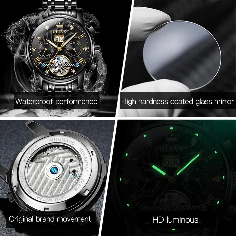 OLEVS Men Automatic Watch Mechanical Self Winding Watches for Men Skeleton Business Dress Luminous Waterproof Diamond Week Month