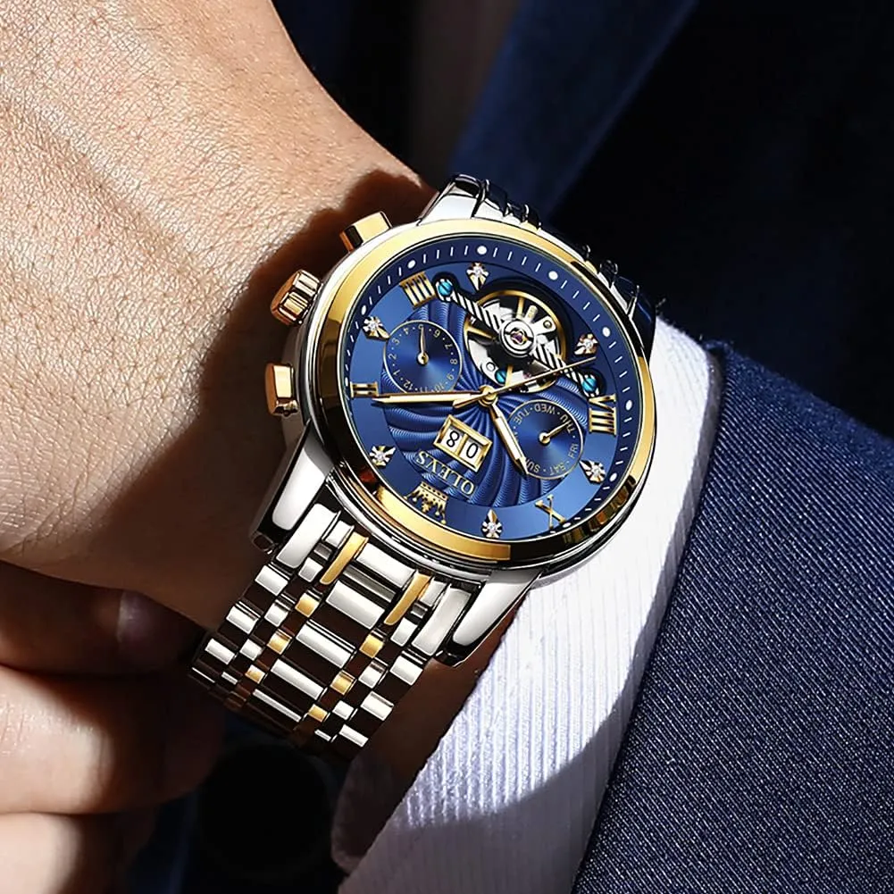 OLEVS Men Automatic Watch Mechanical Self Winding Watches for Men Skeleton Business Dress Luminous Waterproof Diamond Week Month