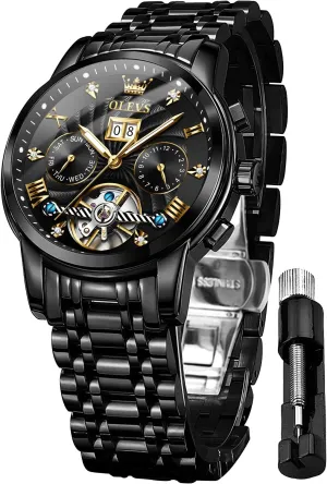 OLEVS Men Automatic Watch Mechanical Self Winding Watches for Men Skeleton Business Dress Luminous Waterproof Diamond Week Month