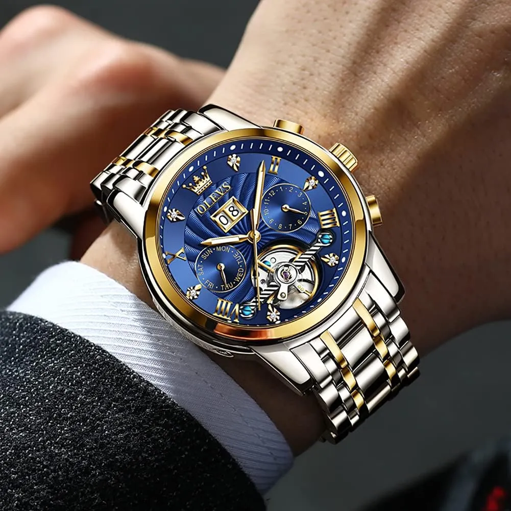 OLEVS Men Automatic Watch Mechanical Self Winding Watches for Men Skeleton Business Dress Luminous Waterproof Diamond Week Month