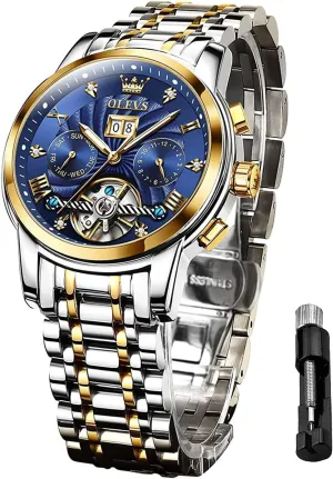 OLEVS Men Automatic Watch Mechanical Self Winding Watches for Men Skeleton Business Dress Luminous Waterproof Diamond Week Month