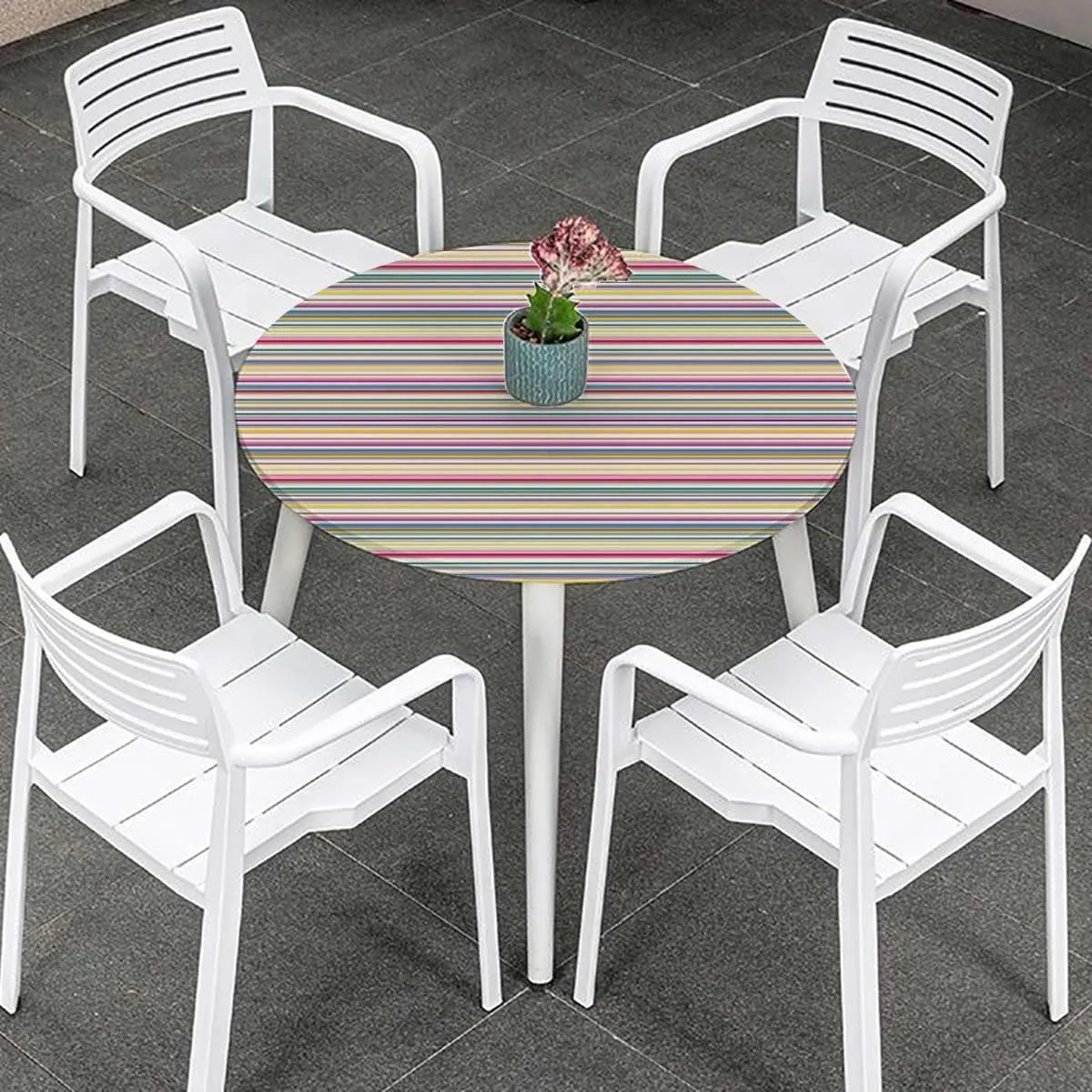 OOzie Multicolor Round Fitted Tablecloth with Elastic Edge Colorful Horizontal Stripes and Lines Soft-Touch Fitted Table Cloth, Waterproof Oil-Proof Table Cover Fits up 45"-50" Diameter Tables