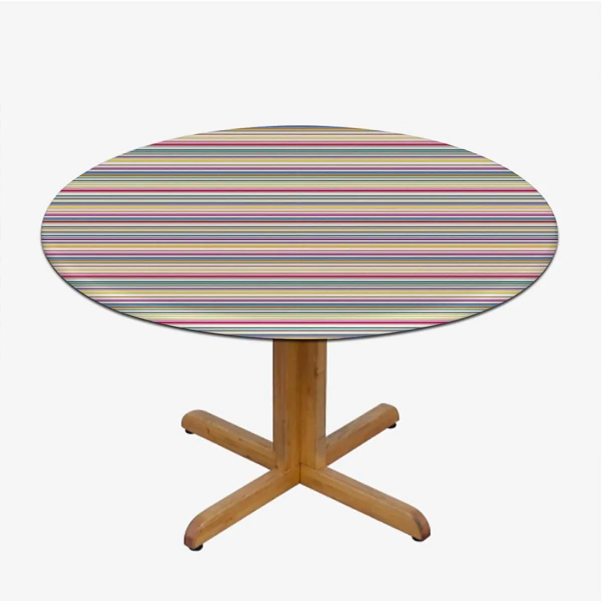 OOzie Multicolor Round Fitted Tablecloth with Elastic Edge Colorful Horizontal Stripes and Lines Soft-Touch Fitted Table Cloth, Waterproof Oil-Proof Table Cover Fits up 45"-50" Diameter Tables