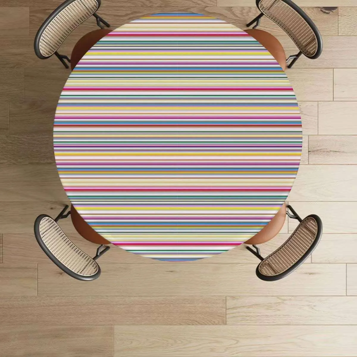 OOzie Multicolor Round Fitted Tablecloth with Elastic Edge Colorful Horizontal Stripes and Lines Soft-Touch Fitted Table Cloth, Waterproof Oil-Proof Table Cover Fits up 45"-50" Diameter Tables