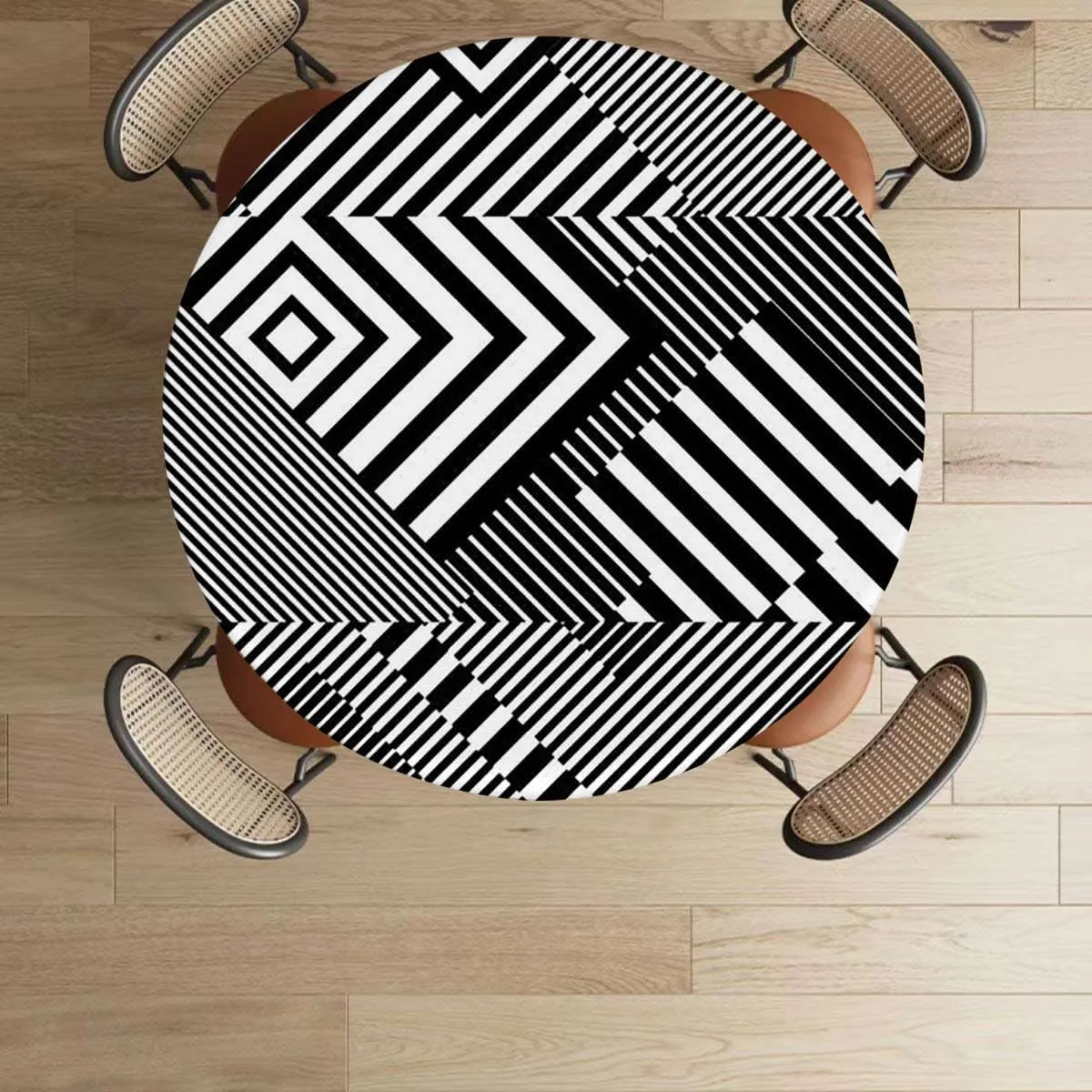 OOzie Purplegrey Black White Round Tablecloth with Elastic Edges Zigzag and Triangles Soft-Touch Fitted Table Cloth, Waterproof Oil-Proof Table Cover Crossing Stripes Fits up 45"-50" Diameter Tables